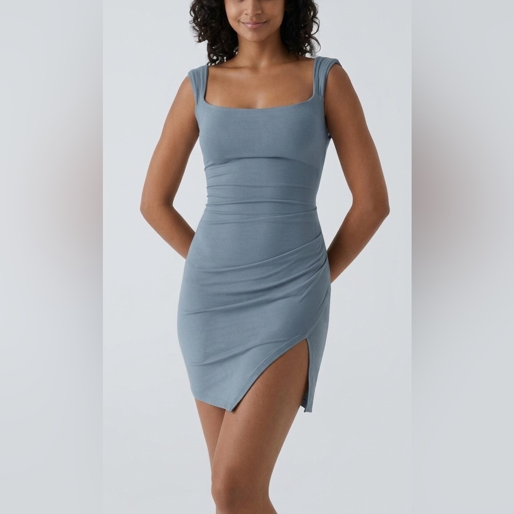 HALARA Slate Blue Square-Neck Mini Dress ruched tie back hem bodycon casual new